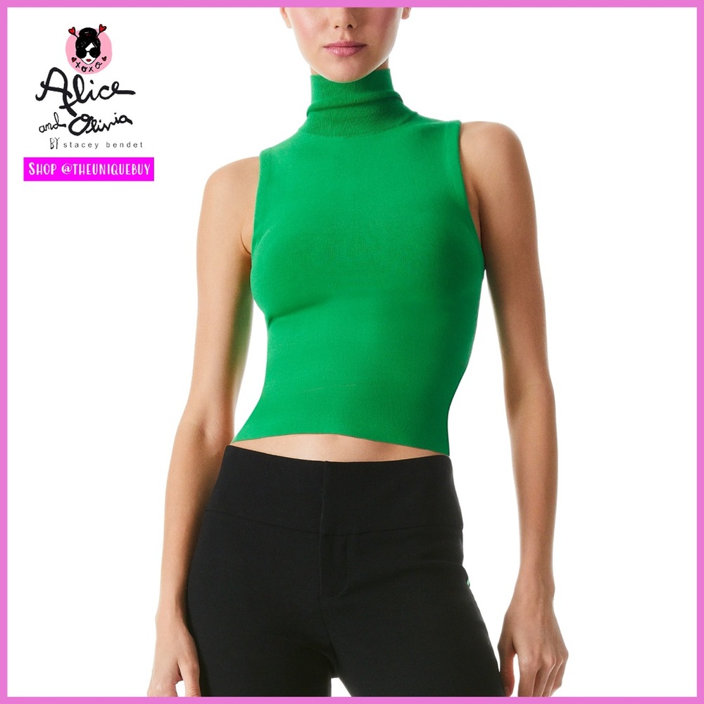 Alice + Olivia Darina Fitted Mock Neck Green Cropped Tank